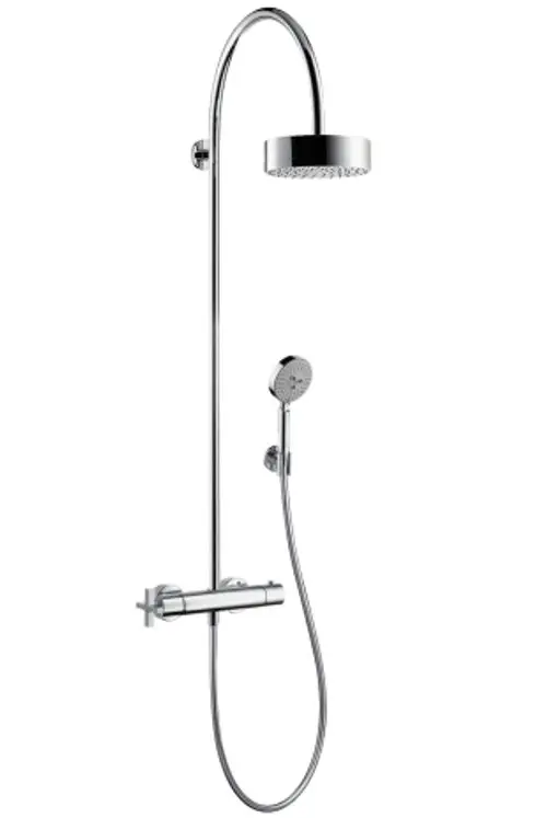 Elegante Duscharmatur mit einer runden Kopfbrause und Handbrause, aus glänzendem Chrom, ideal für moderne Badezimmer.